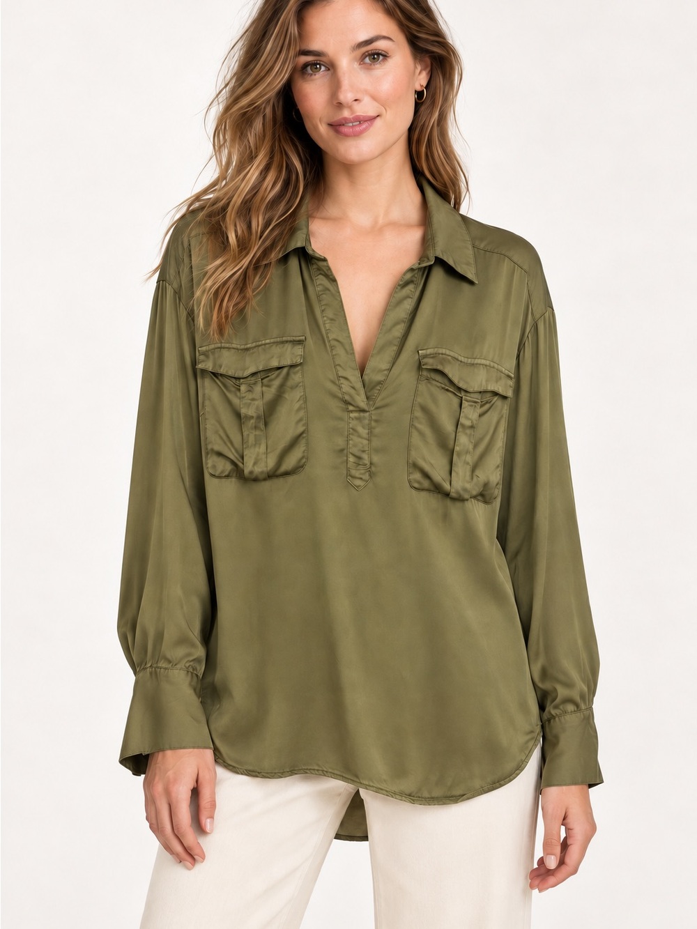 By Anthropologie Olive Satin Utility Popover Blouse Size L 100% Viscose
